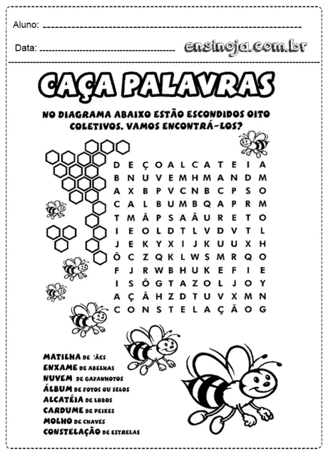 Atividade de caça palavras com palavras coletivas e ilustrações de abelhas.