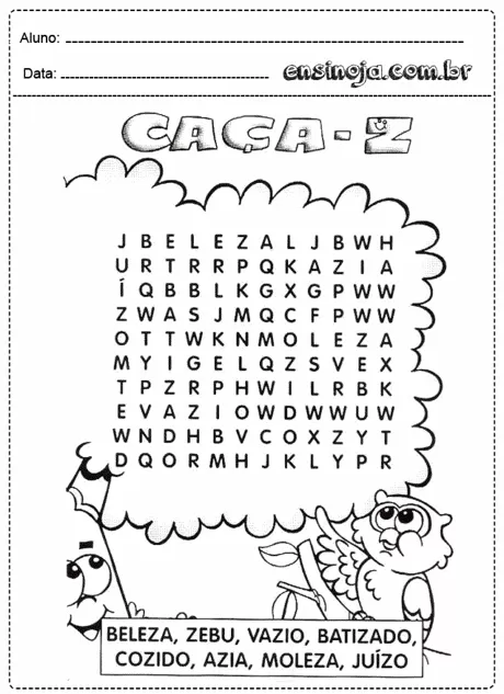 Atividade de caça-palavras com palavras para encontrar.