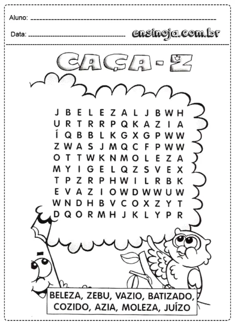Atividade de caça-palavras com palavras para encontrar.