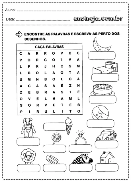 Caça-palavras com desenhos e palavras para encontrar.