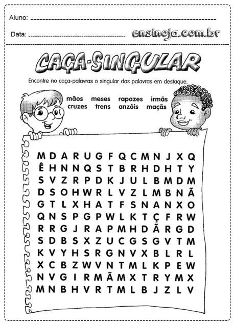 Atividade de caça-palavras com crianças procurando palavras no singular.