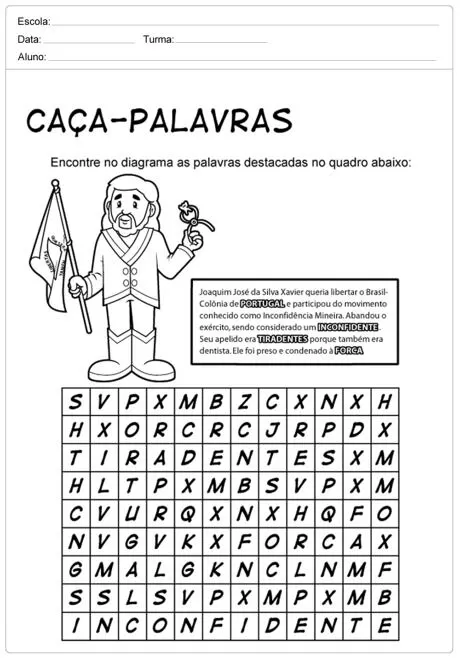 Atividade de caça-palavras sobre Joaquim José da Silva Xavier, conhecido como Tiradentes.