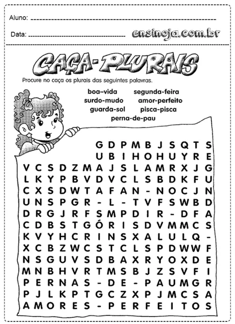 Atividade de caça-palavras para encontrar plurais de palavras.