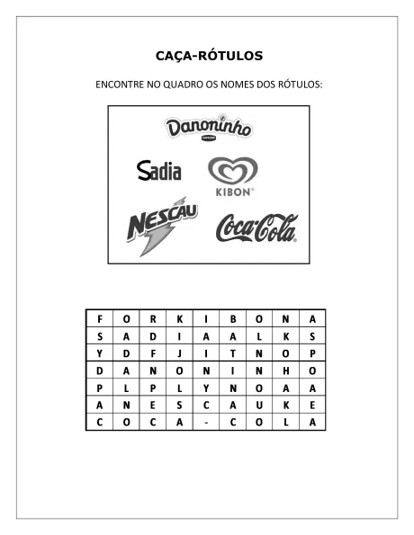Atividade de caça-rótulos com marcas conhecidas como Danoninho, Sadia, Kibon, Nesquik e Coca-Cola.