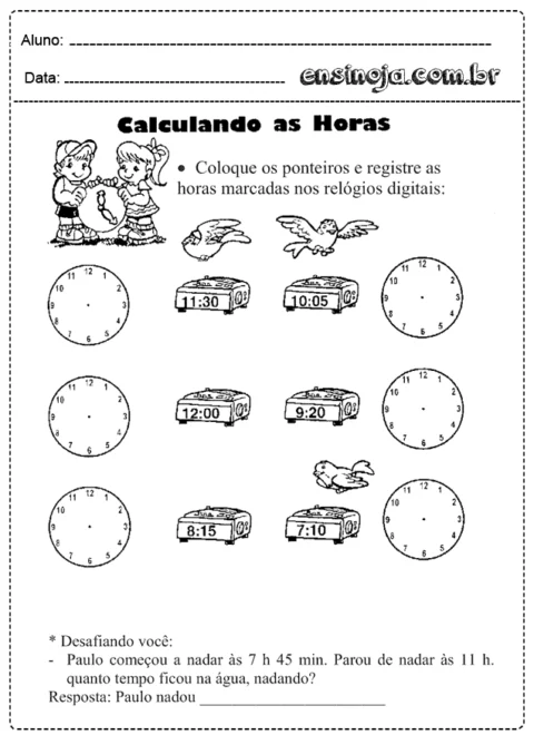 Atividade de cálculo de horas com relógios e um desafio sobre natação.