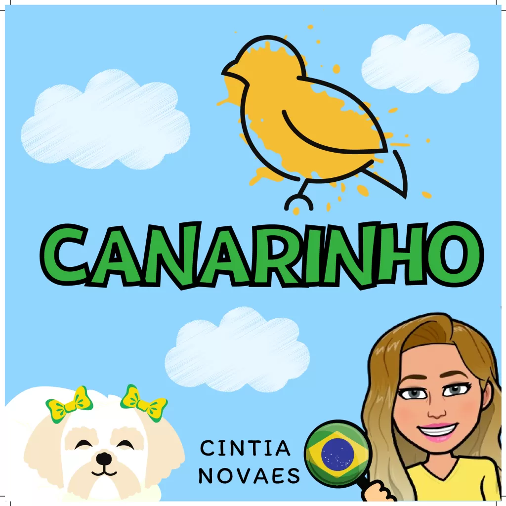 Desenho de um canarinho amarelo com nuvens e uma mulher ao lado de um cachorro.