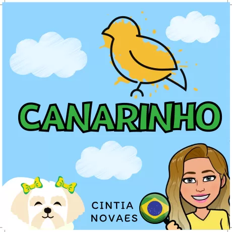 Desenho de um canarinho amarelo com nuvens e uma mulher ao lado de um cachorro.