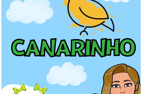 Desenho de um canarinho amarelo com nuvens e uma mulher ao lado de um cachorro.