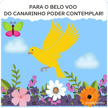 Um canarinho amarelo voando em um fundo azul com flores e uma borboleta.