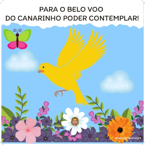 Um canarinho amarelo voando em um fundo azul com flores e uma borboleta.