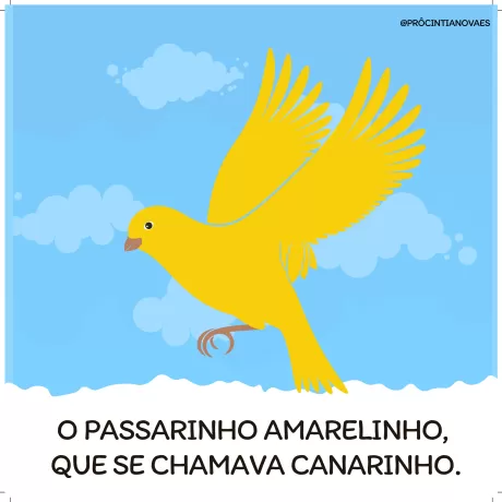 Um canário amarelo voando em um céu azul com nuvens brancas.