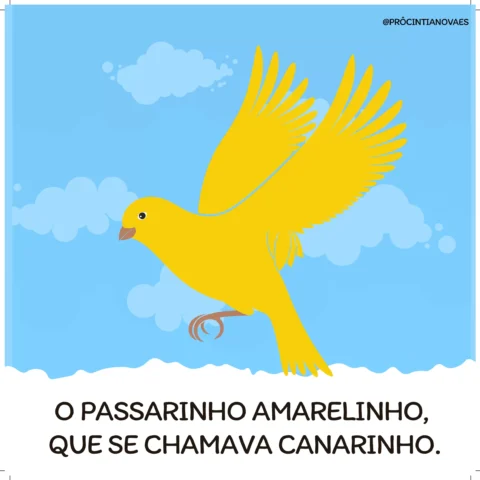 Um canário amarelo voando em um céu azul com nuvens brancas.