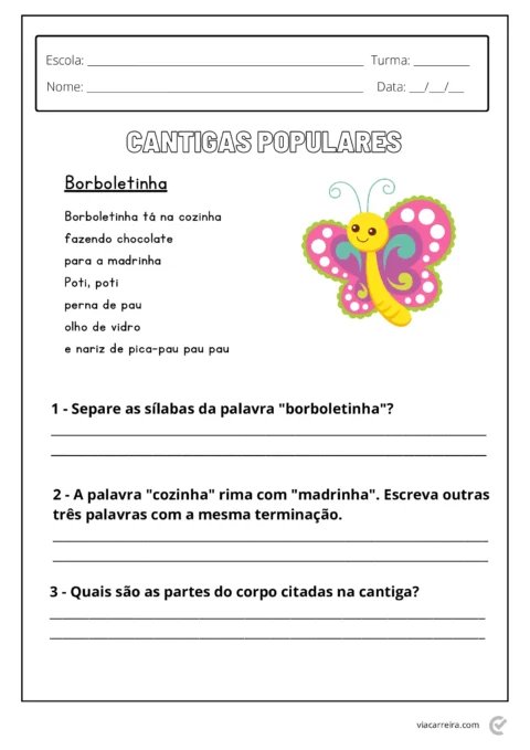 Atividade educacional sobre cantigas populares com uma borboleta colorida.