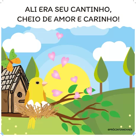 Um pássaro amarelo em um ninho, com uma casinha ao fundo e um sol nascente.