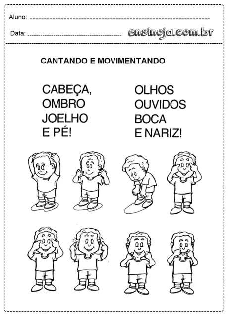 Atividade de canto e movimento com ilustrações de crianças.