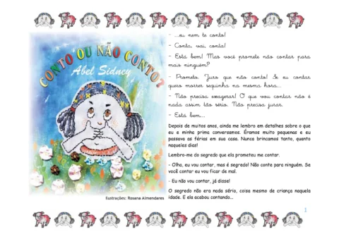 Capa do livro 'Conto ou Não Conto?' com ilustrações coloridas de uma menina e elementos decorativos.