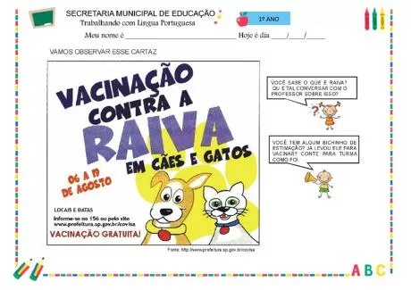 Cartaz sobre vacinação contra a raiva em cães e gatos, com ilustrações de um cachorro e um gato.