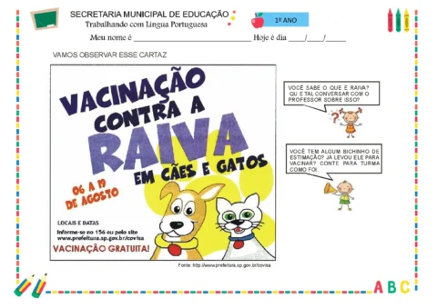 Cartaz sobre vacinação contra a raiva em cães e gatos, com ilustrações de um cachorro e um gato.