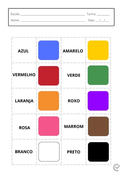 Cartela com quadrados coloridos representando diferentes cores: azul, amarelo, vermelho, verde, laranja, roxo, rosa, marrom, branco e preto.