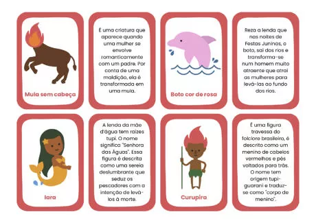 Cartões ilustrativos de lendas brasileiras com personagens como Mula sem cabeça, Boto cor de rosa, Iara e Curupira.