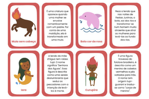 Cartões ilustrativos de lendas brasileiras com personagens como Mula sem cabeça, Boto cor de rosa, Iara e Curupira.