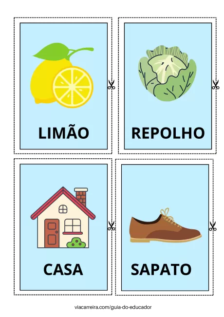 Cartões ilustrativos com limão, repolho, casa e sapato.