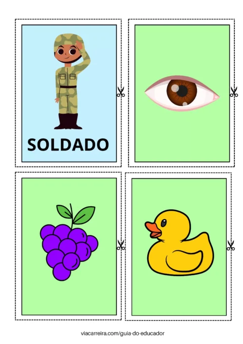 Cartões com imagens de um soldado, um olho, uvas e um pato de borracha.