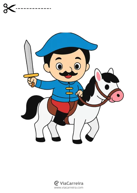 Desenho de um menino montado em um cavalo, segurando uma espada.