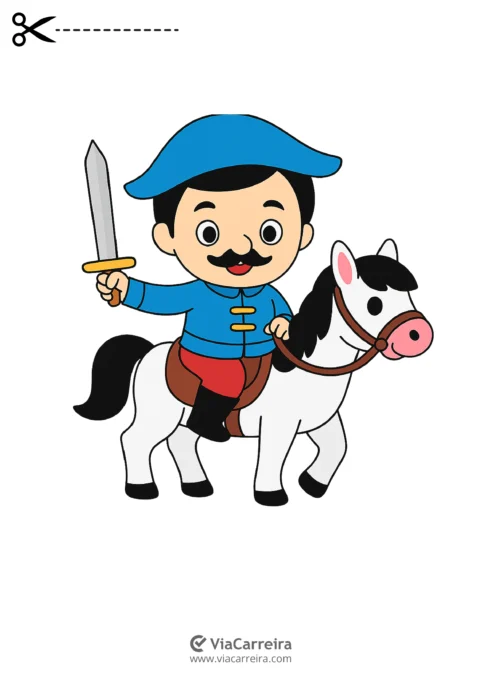 Desenho de um menino montado em um cavalo, segurando uma espada.