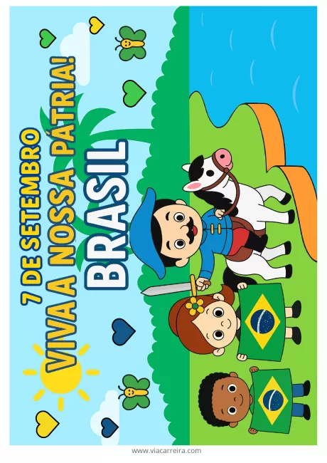 Ilustração de crianças comemorando o Dia da Independência do Brasil com bandeira e cavalo