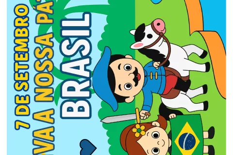 Ilustração de crianças comemorando o Dia da Independência do Brasil com bandeira e cavalo