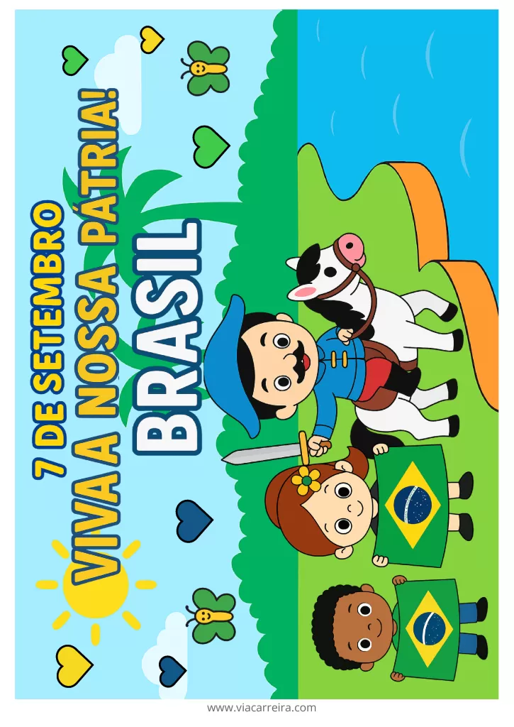 Ilustração de crianças comemorando o Dia da Independência do Brasil com bandeira e cavalo