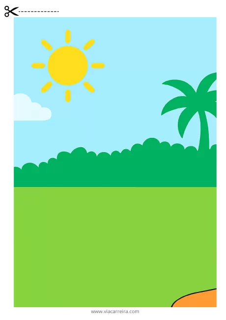 Ilustração de um cenário de praia com sol, nuvens e uma palmeira.