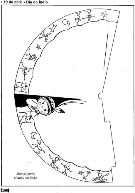 Desenho de uma criança com um chapéu de festa, decorado com figuras e símbolos, representando o Dia do Índio.
