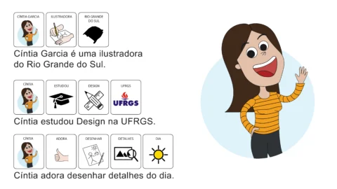 Ilustração de Cíntia Garcia, uma mulher com cabelo castanho e blusa listrada, sorrindo e acenando.