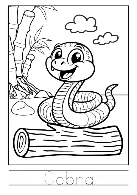 Desenho de uma cobra sorridente em um tronco, com bambus e nuvens ao fundo.