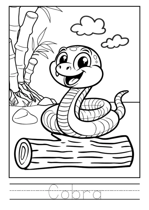 Desenho de uma cobra sorridente em um tronco, com bambus e nuvens ao fundo.