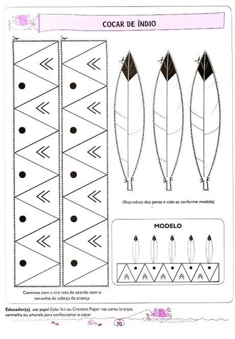 Atividade de confecção de cocar de índio com instruções e modelo.