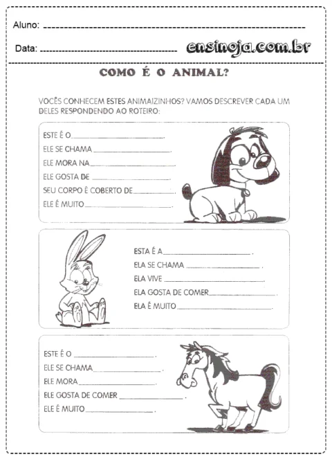 Atividade sobre animais para crianças, com espaços para descrever características de um cachorro, um coelho e um cavalo.