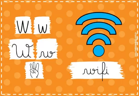 Ilustração com letras W e símbolo de Wi-Fi em fundo laranja com bolinhas.
