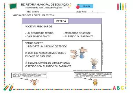 Atividade de confecção de uma peteca com materiais simples.