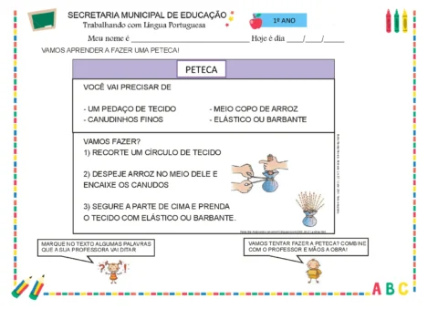 Atividade de confecção de uma peteca com materiais simples.