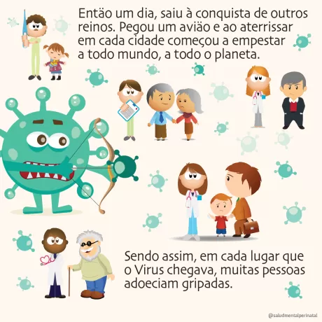 Ilustração de um vírus verde com personagens representando médicos, pacientes e idosos em um cenário de saúde.