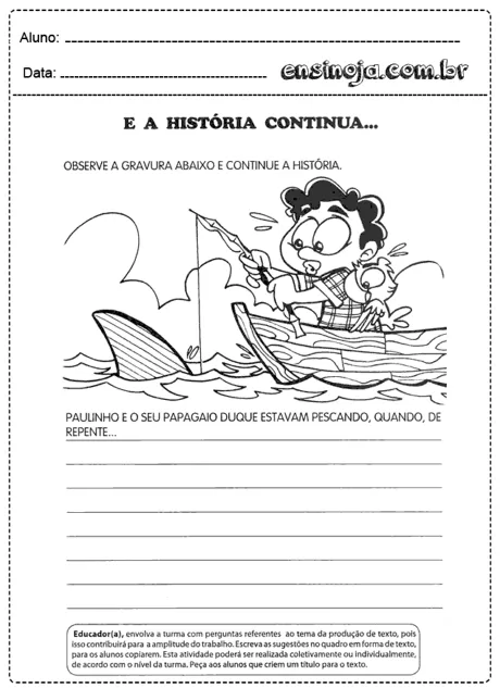 Desenho de um menino e um papagaio em um barco, pescando.