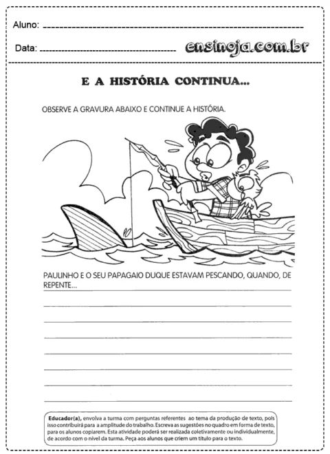 Desenho de um menino e um papagaio em um barco, pescando.