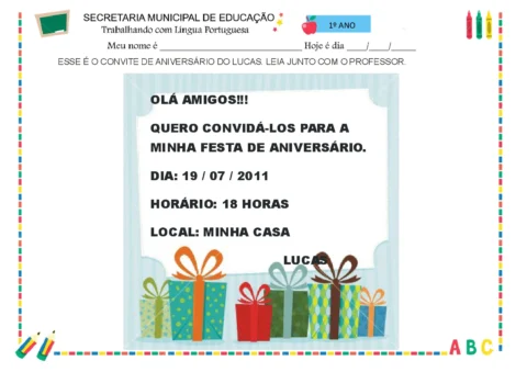 Convite de aniversário com informações sobre a festa.