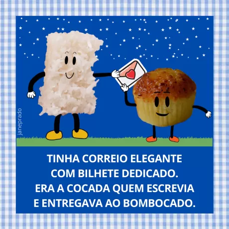Personagens animados de uma cocada e um bolinho, com a cocada entregando um bilhete ao bolinho.