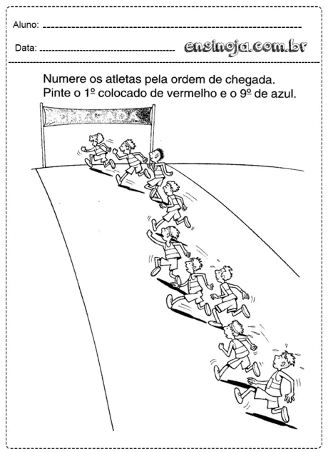 Desenho de crianças correndo em uma corrida, com instruções para numerar os atletas e colorir os primeiros colocados.