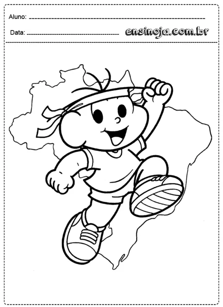 Desenho de uma criança correndo com um mapa do Brasil ao fundo.