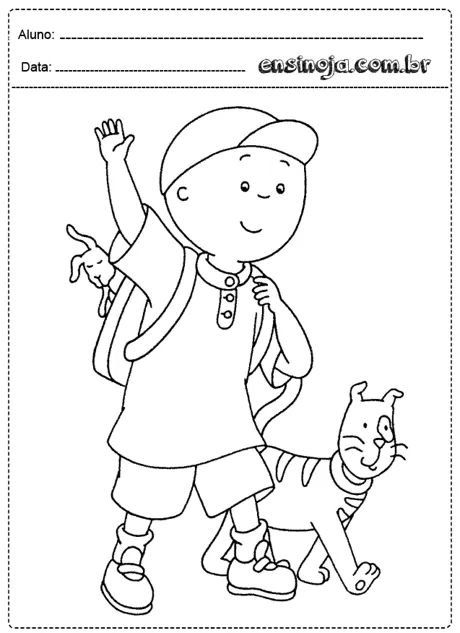 Desenho de uma criança acenando ao lado de um gato.